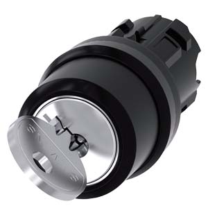 Siemens RONIS key-operated switch, 22 mm, round, plastic, lock number SB30, with 2 keys, 2 switch positions O-I, latching, actuating angle 90°, 10:30h/13:30h, key removal O, possible special locks: SB31, 421, 455