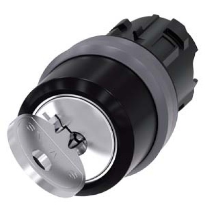 Siemens RONIS key-operated switch, 22 mm, round, plastic with metal front ring, lock number SB30, with 2 keys, 2 switch positions O-I, latching, actuating angle 90°, 10:30h/13:30h, key removal O, possible special locks: SB31, 421, 455