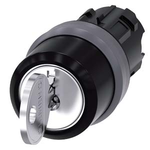 Siemens RONIS key-operated switch, 22 mm, round, plastic with metal front ring, lock number SB30, with 2 keys, 3 switch positions I-O-II, latching, 